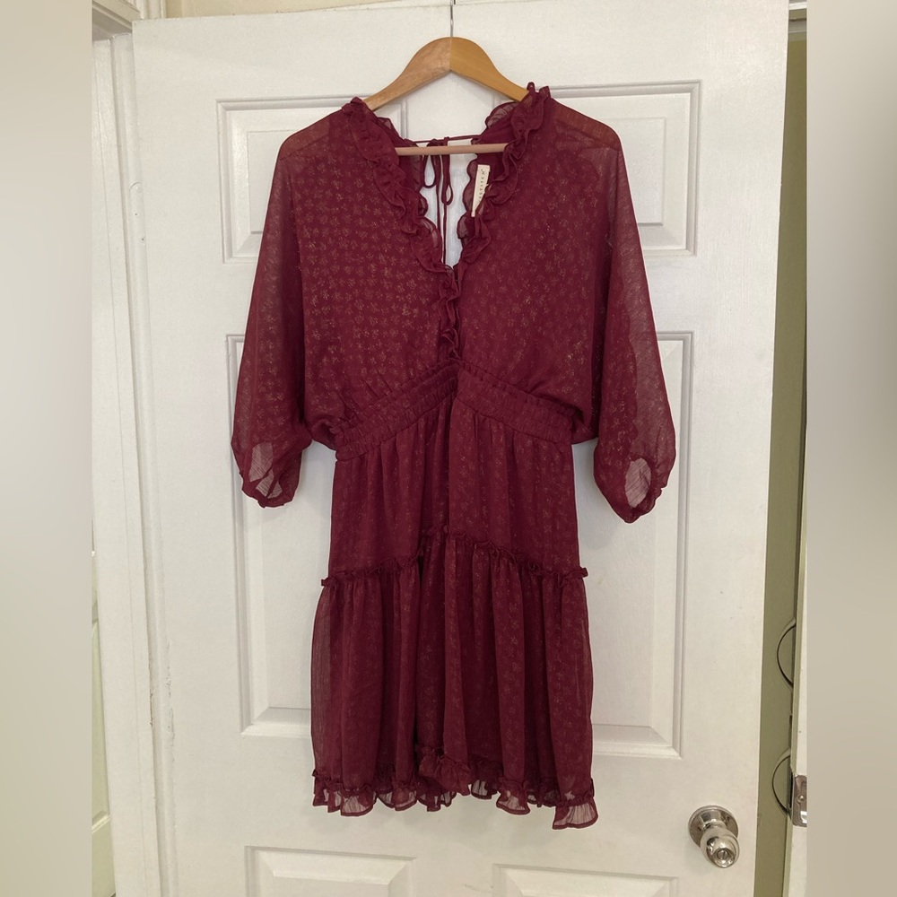NWOT Lovestitch maroon and gold bell sleeve chiffon mini dress